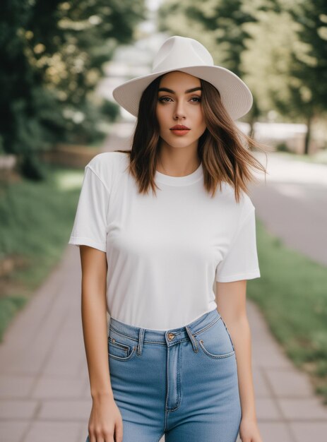 portrait blond female model wearing a white tshirt boho mockup blank shirt template in the street