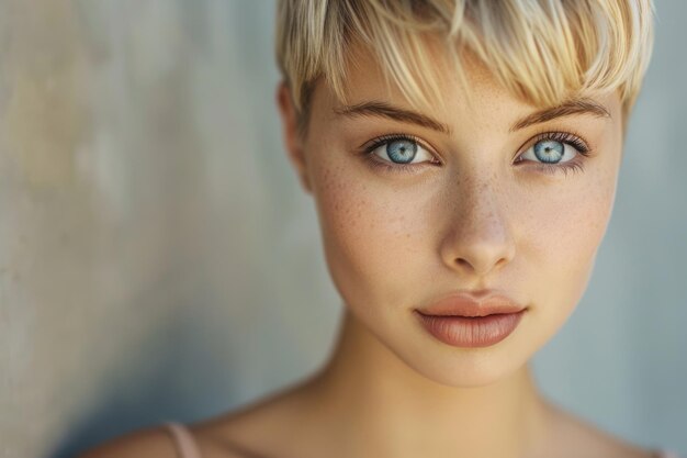 Photo portrait of blond hair short hair woman casual style fashion model with blue eyes