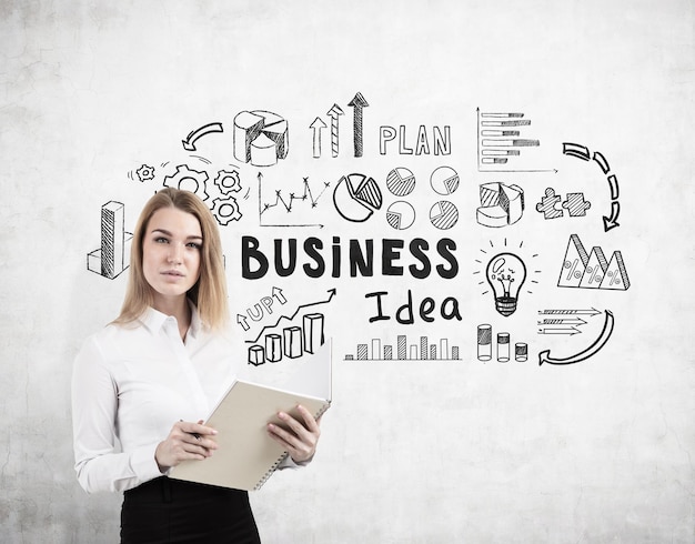 Portrait of a blond woman holding a large white book and standing near a concrete wall with a black business idea sketch drawn on it.