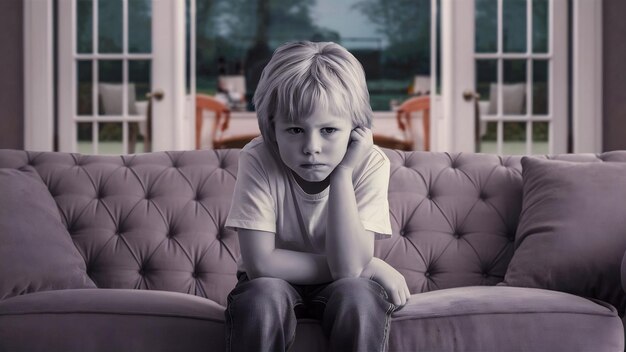 Portrait of a blonde bored boy sitting on sofa