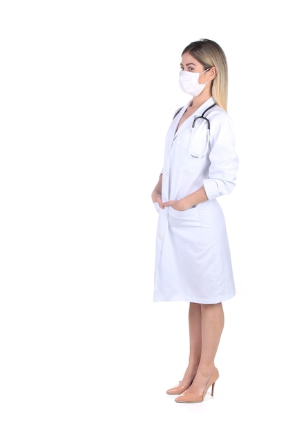 Portrait of blonde doctor on white background