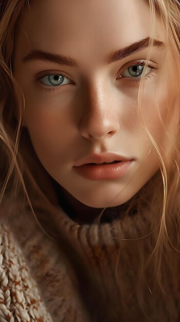 Portrait of a blonde European woman with clear eyes closeup soft light ai generative art