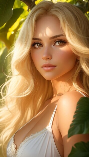 Portrait of a blonde girl in the jungle