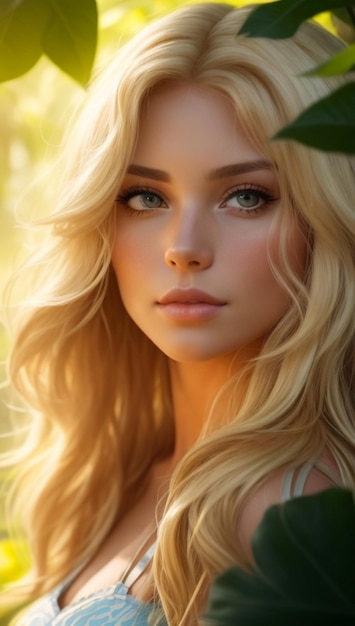 Portrait of a blonde girl in the jungle