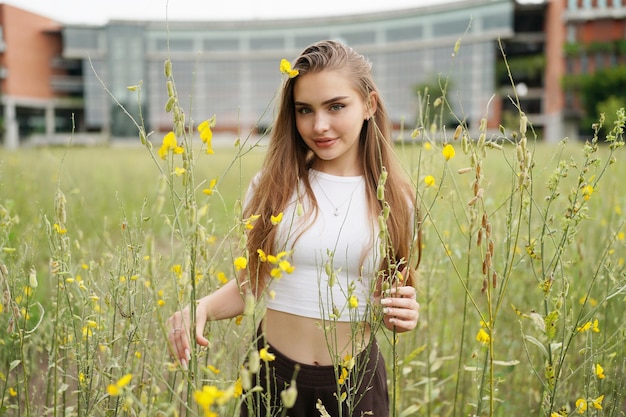 Portrait of blonde girl with fluttering hair, Minimalism
Model on monochrome, Fashion model posing outdoors