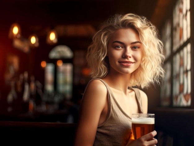 Portrait of a blonde smiling and drinking beer in a pub generated ai