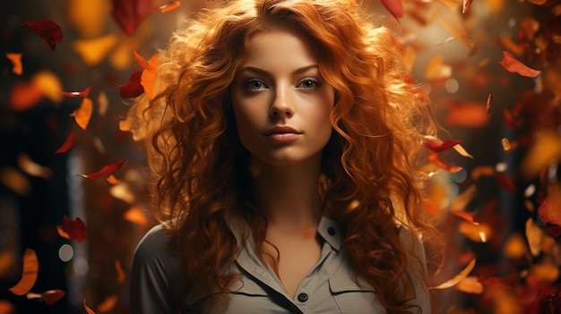 Портрет блондинки с осенними листьями на заднем плане
