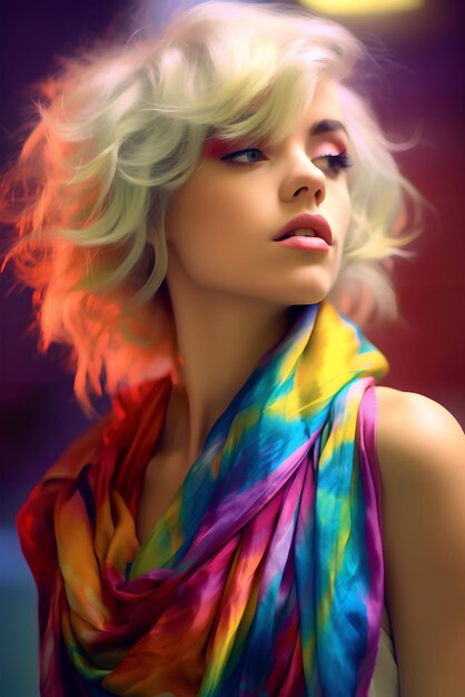 Portrait of a blonde woman in bright clothes studio closeup photoai generative art