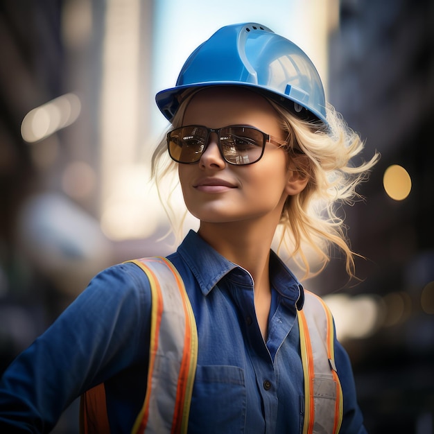 portrait of a blonde woman dressed in a blue hard hat at sunset concept of a working woman