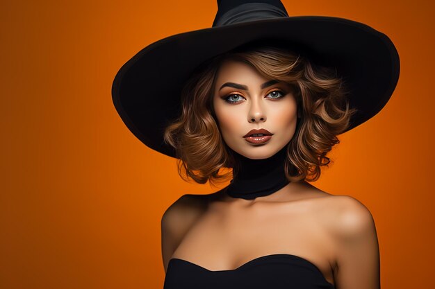 Portrait of blonde woman Halloween on orange background