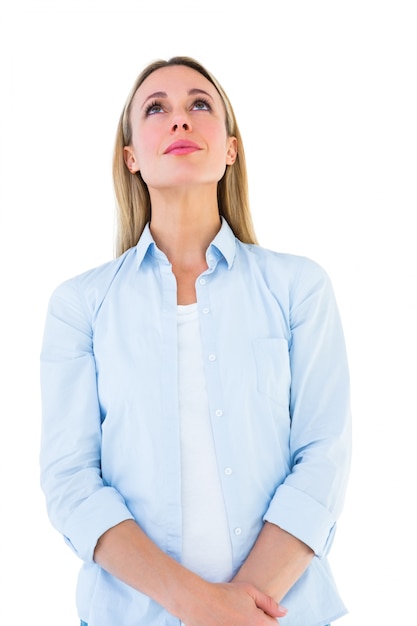 Portrait of blonde woman posing and looking up