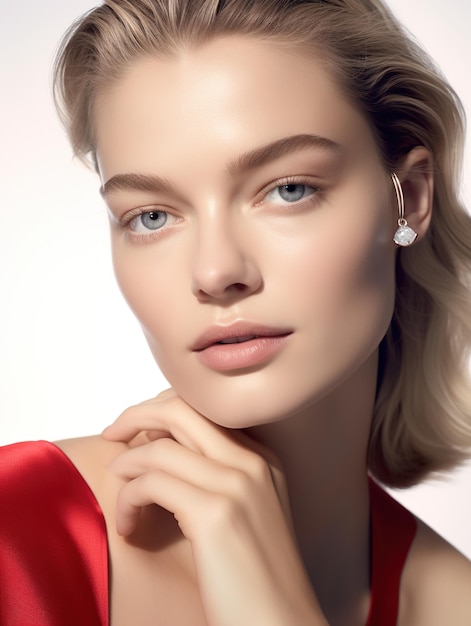 Portrait of a Blonde Woman Wearing a Red Dress and Diamond Earring