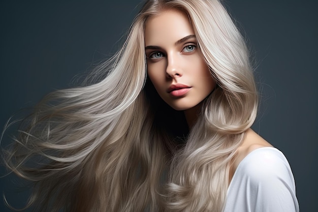 Portrait of a blonde woman with luxurious wellgroomed shiny hair