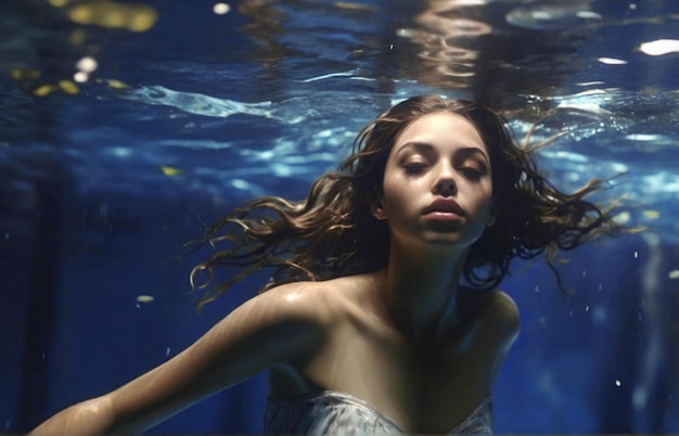 Portrait of blonde young woman posing submerged underwater