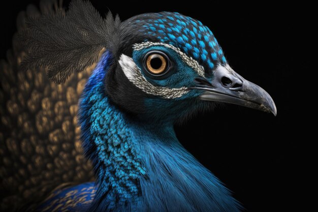 Portrait of a blue peacock head on a black background