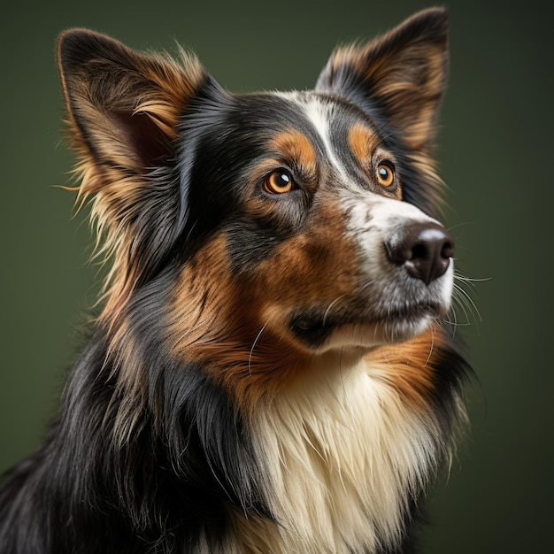portrait of a border collie dog on a green background