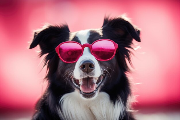 Portrait of a border collie wearing colored sunglases on a red background Generative AI