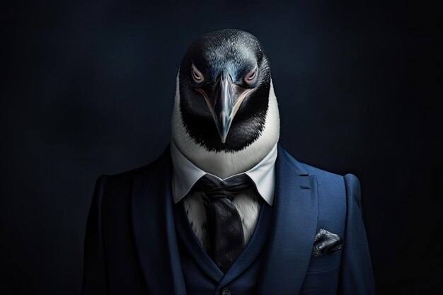 Foto ritratto del capo pinguino in abito blu scuro su sfondo nero ai generativo