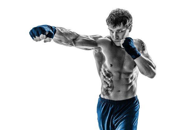 Portrait of boxer who practicing jab on white background black and white blue sportswear