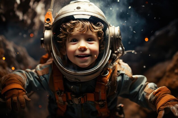 Photo portrait of boy astronaut in spacesuit funny kid cartoon