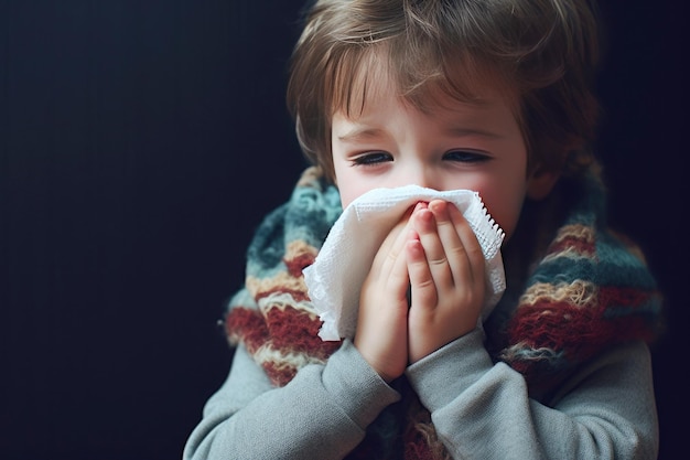 Portrait of a boy on a black background blowing his nose into a handkerchief