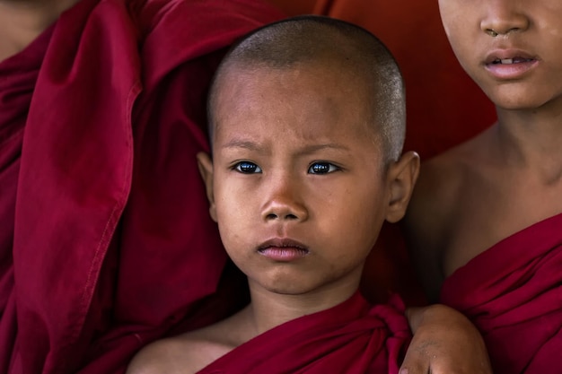 Portrait of a boy Buddhist novice. Myanmar