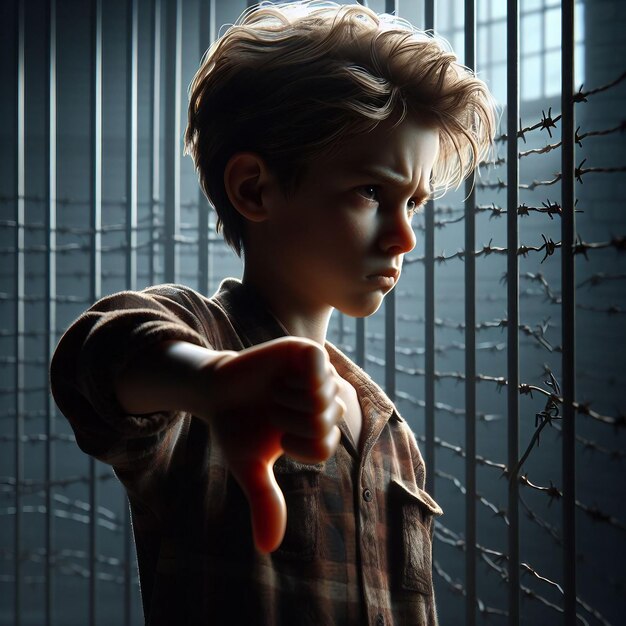 Portrait of a boy in a cage The concept of prison