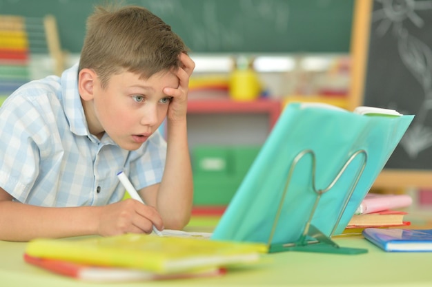 Portrait of boy doing homework at desk