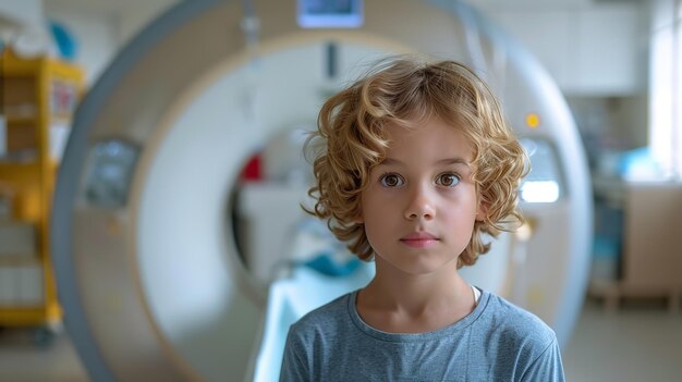 Portrait of a boy in front of MRI machine with blurry backdrop and a space for text or product Generative AI