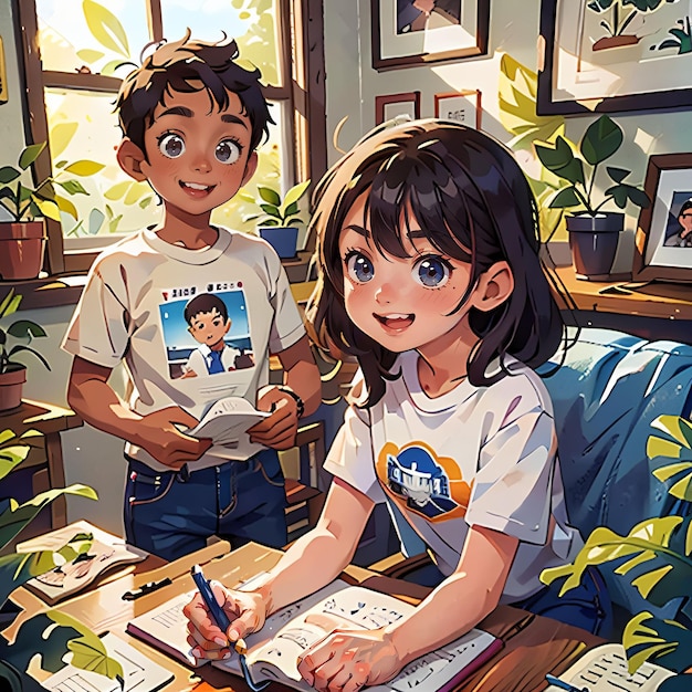 집에 있는 소년과 소녀의 초상화