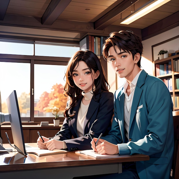 portrait of a boy and a girl in library