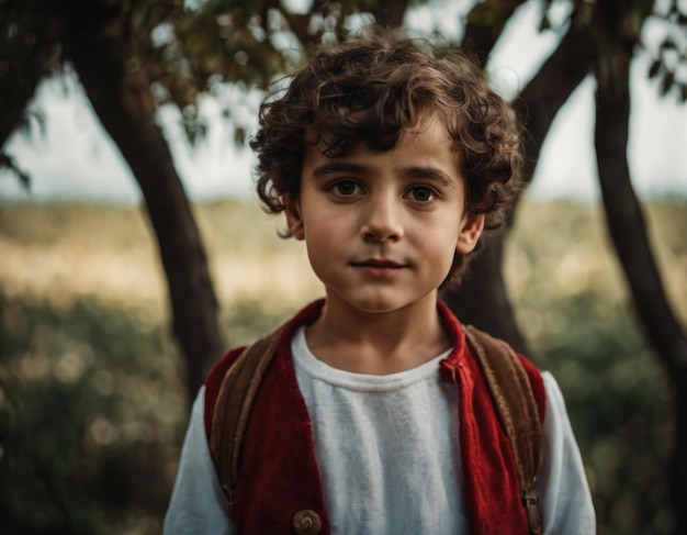 Portrait of a boy in national costume in nature Generation of AI