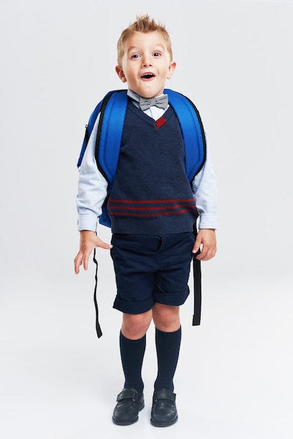 Photo portrait of a boy ready to school isolated on white