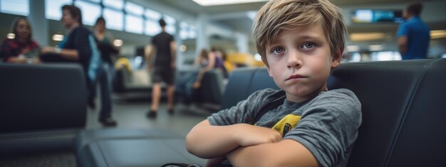 Portrait of a boy sitting on the seats in the airport waiting area