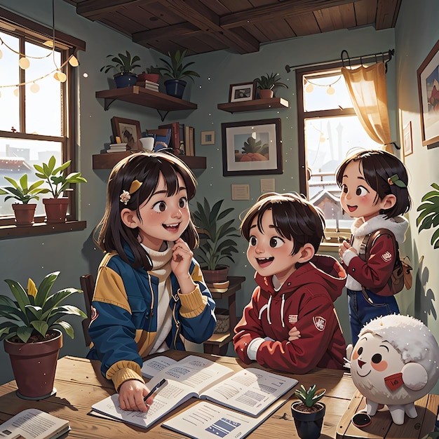 portrait of a boy and two girls at home