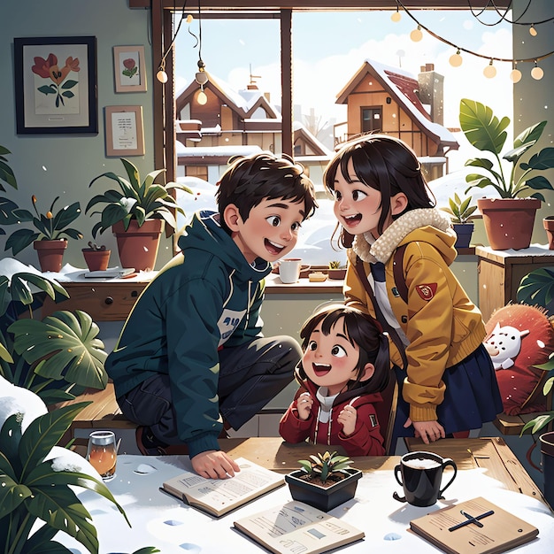 portrait of a boy and two girls at home