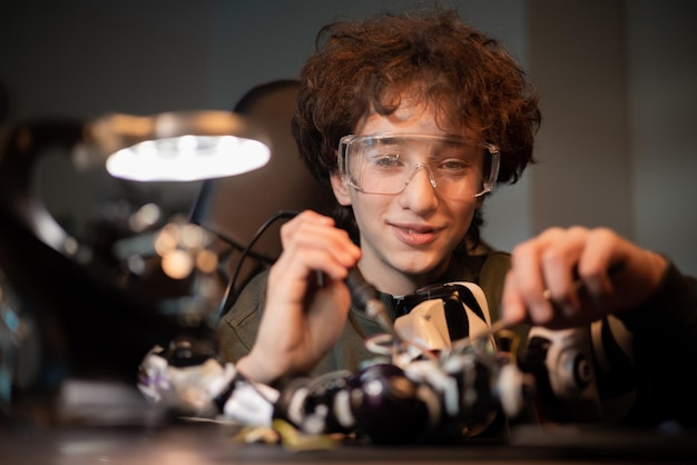 Portrait of a boy wearing safety glasses engaged in soldering a robot child develops new skills