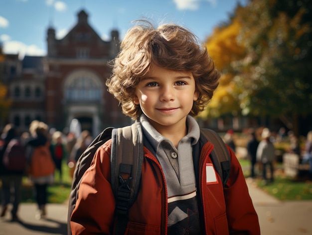 Portrait of a boy with a backpack in the autumn park Generative AI