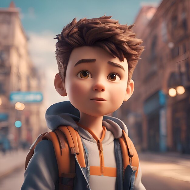 Portrait of a boy with a backpack on the background of the city