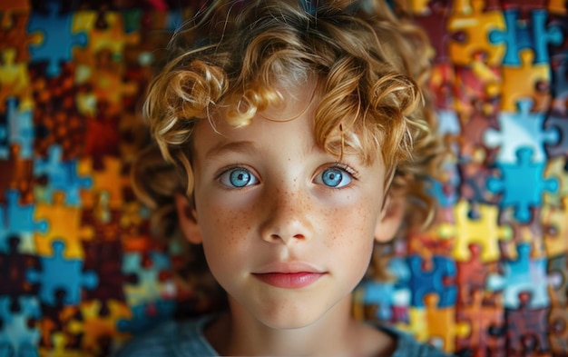 Portrait of a boy with blond curly hair and blue eyes against a puzzle wall The concept of World Autism Awareness Day