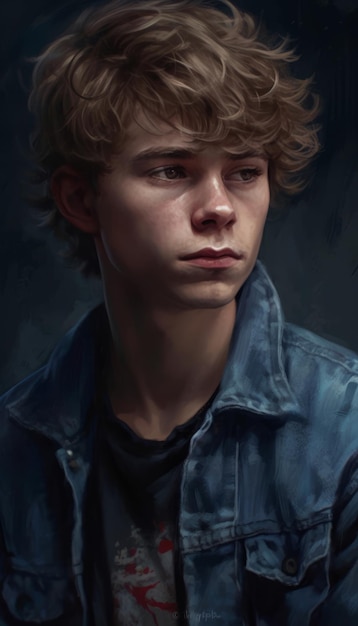 A portrait of a boy with curly hair and a blue denim jacket.