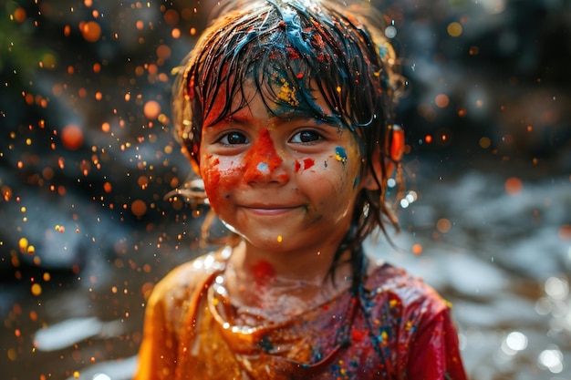 Portrait of a boy with his face covered in Holi colors Holi festival concept