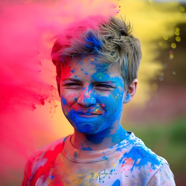 Portrait of a boy with his face covered in Holi colors Holi festival concept