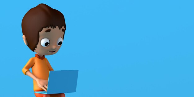 Portrait of boy working with a laptop Freelance concept Copy space 3D illustration Cartoon