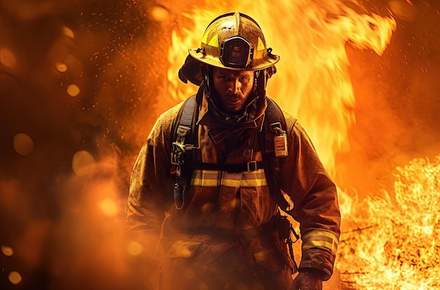 Portrait of a brave firefighter against a background of smoke and sparks