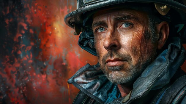 Portrait of a brave firefighter in protective gear looking determined and focused while battling a fire