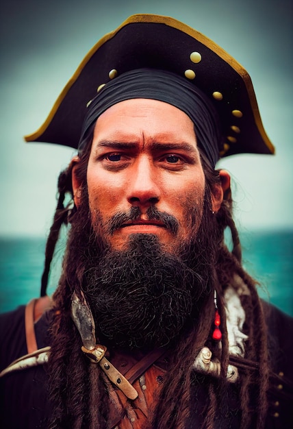 Portrait of a brave pirate on the background of the sea A pirate in traditional pirate clothing