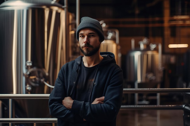 Portrait of brewer in interior of modern brewery Generative AI illustration