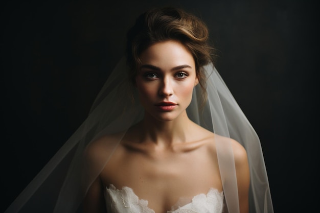 a portrait of a bride before her wedding on studio background dark light photography