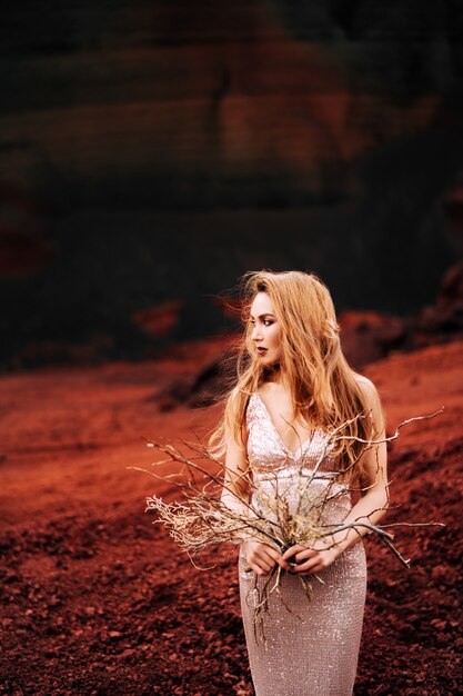 Portrait of a bride model in a golden wedding evening dress in a yellowred sandy quarry in the